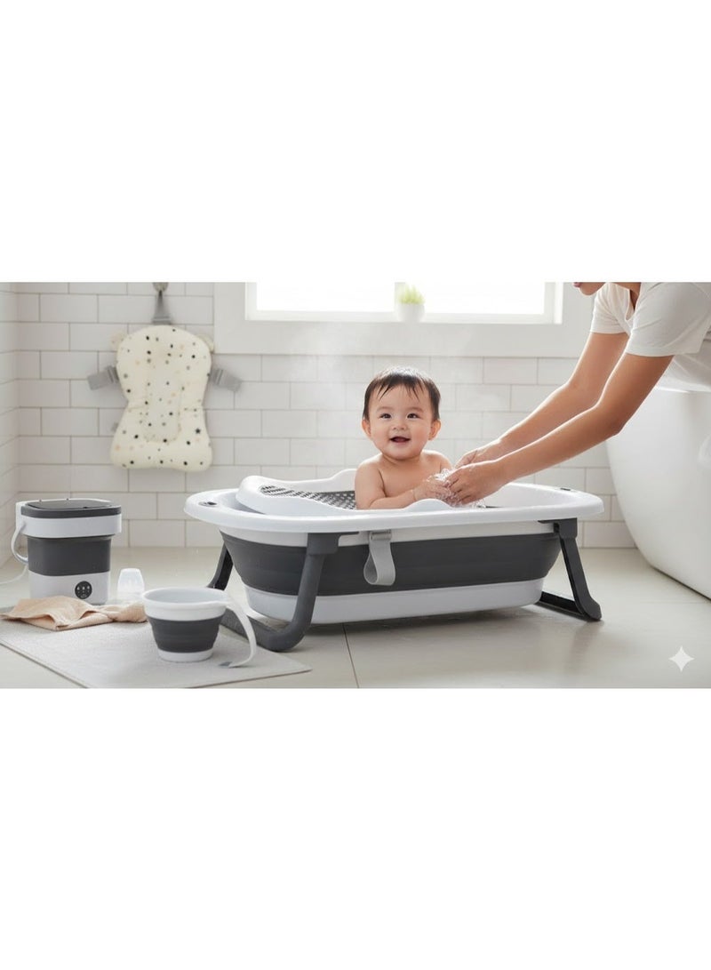 POPYPAPA 10-in-1 Foldable Baby Bath Tub Set with Temperature Display, Mini Washing Machine and Accessories, Safe and Comfortable Infant Bathing Solution, Space-Saving and Adjustable Design, Multicolour (Grey) - Image 4